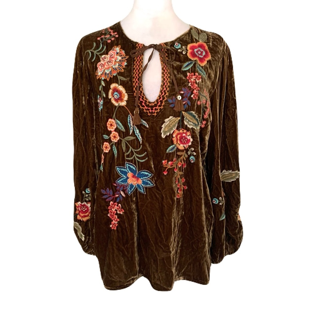 Johnny Was Brown Velvet Tunic with Multicolor Floral Embroidery